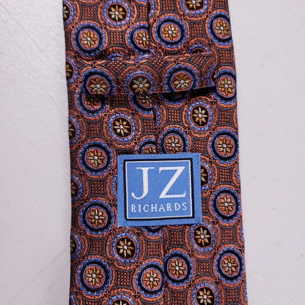JZ Richards Silk Necktie Geometric Medallion Orange‎ Blue Mens Classic Tie